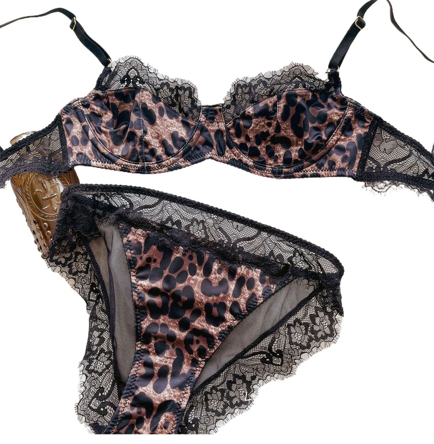 Sexy ultra-thin lace cup bra transparent soft steel ring top support lingerie gathered temptation leopard underwear set