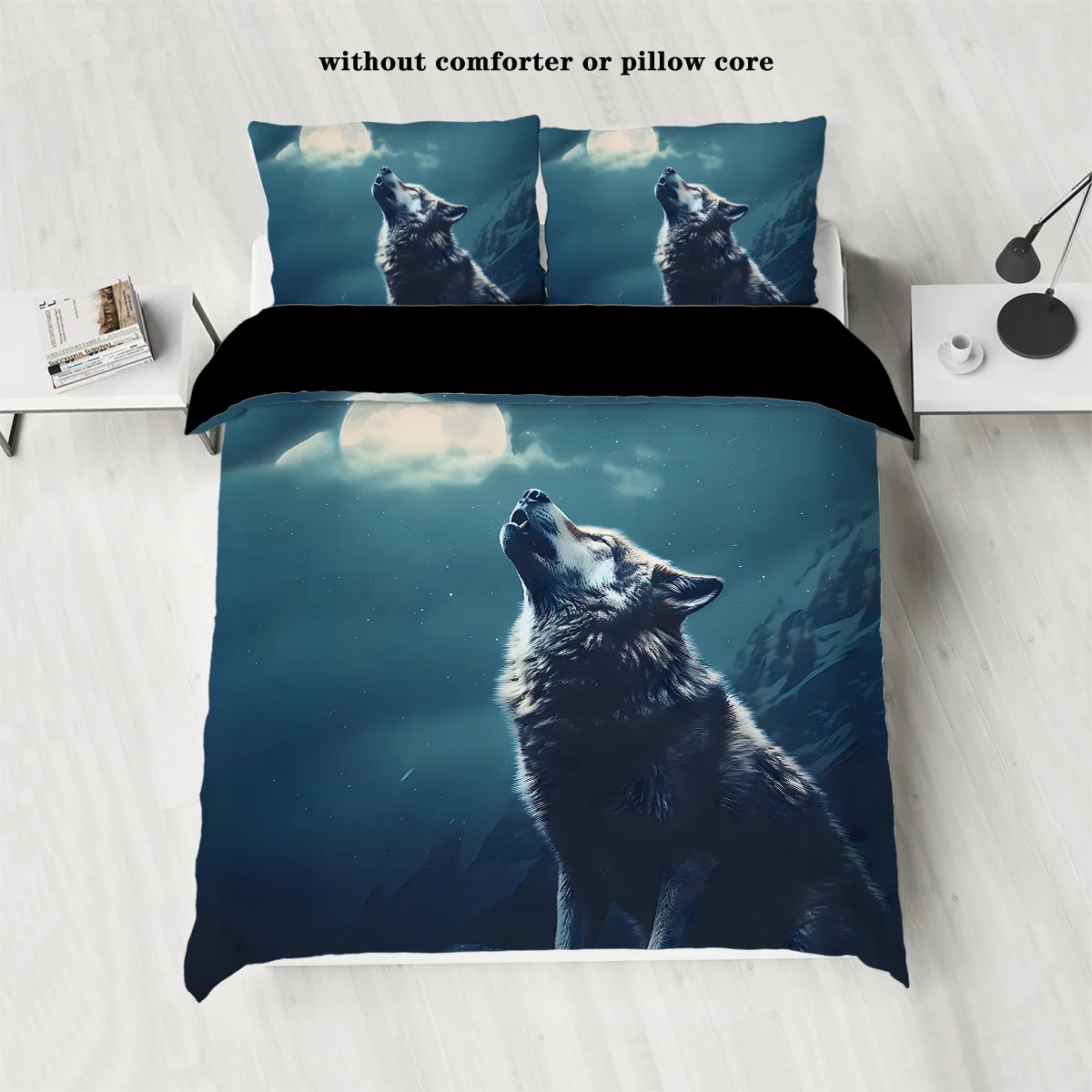 Set biancheria da letto con stampa serie Wolf and Moon Theme, comodo, caldo, per camera da letto, hotel, soggiorno in famiglia (1 * copripiumino + 2