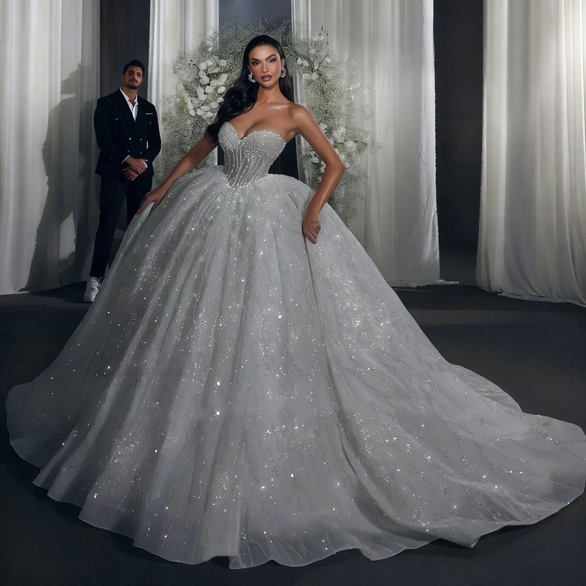 Vestidos De Novia De princesa sin tirantes brillantes, bata con corsé ajustado con cuentas De encaje, vestido De baile nupcial De corte en A, Vestidos De Novia personalizados