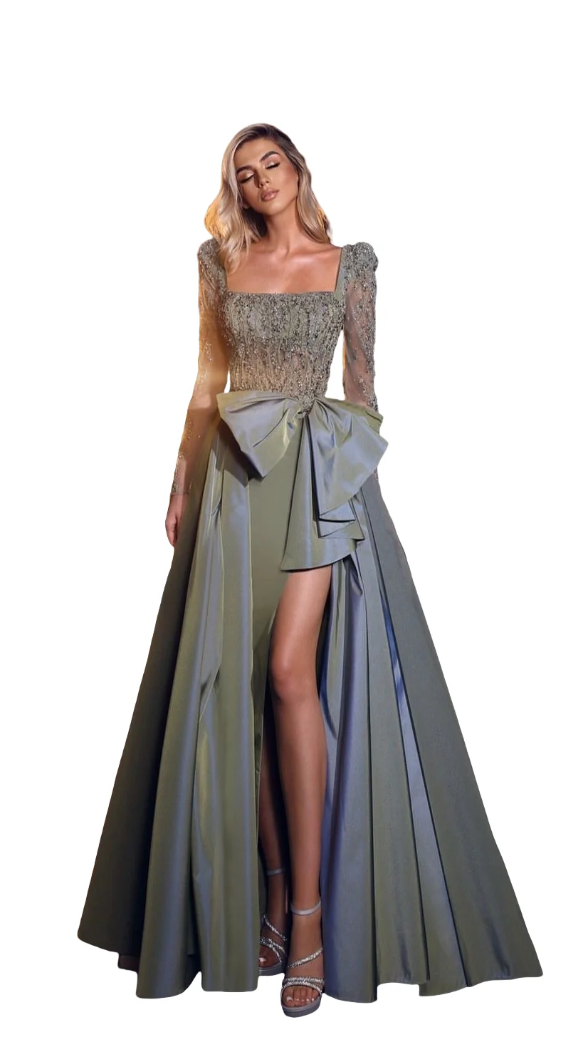 Elegant blue A-line long evening gown hand-beaded square neck long sleeves ball gown satin sexy high slit bow pleated multi-laye