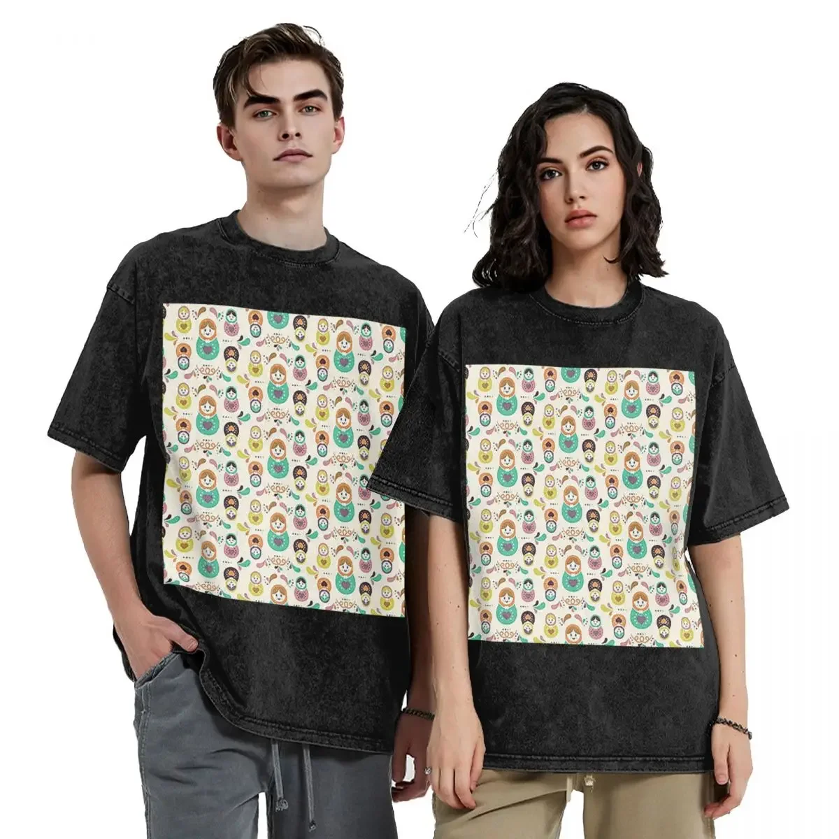 

Matryoshka Pattern Hip Hop Short Sleeve T-Shirts Washed Tops Tees Streetwear T Shirt Vintage for Men Women