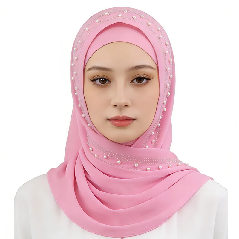 

Ethnic Style Headscarf,Pearl Long Scarf In With Rhinestones,Breathable And Not Stuffy,Islamic Hijab,Muslim Fashion 70x170cm