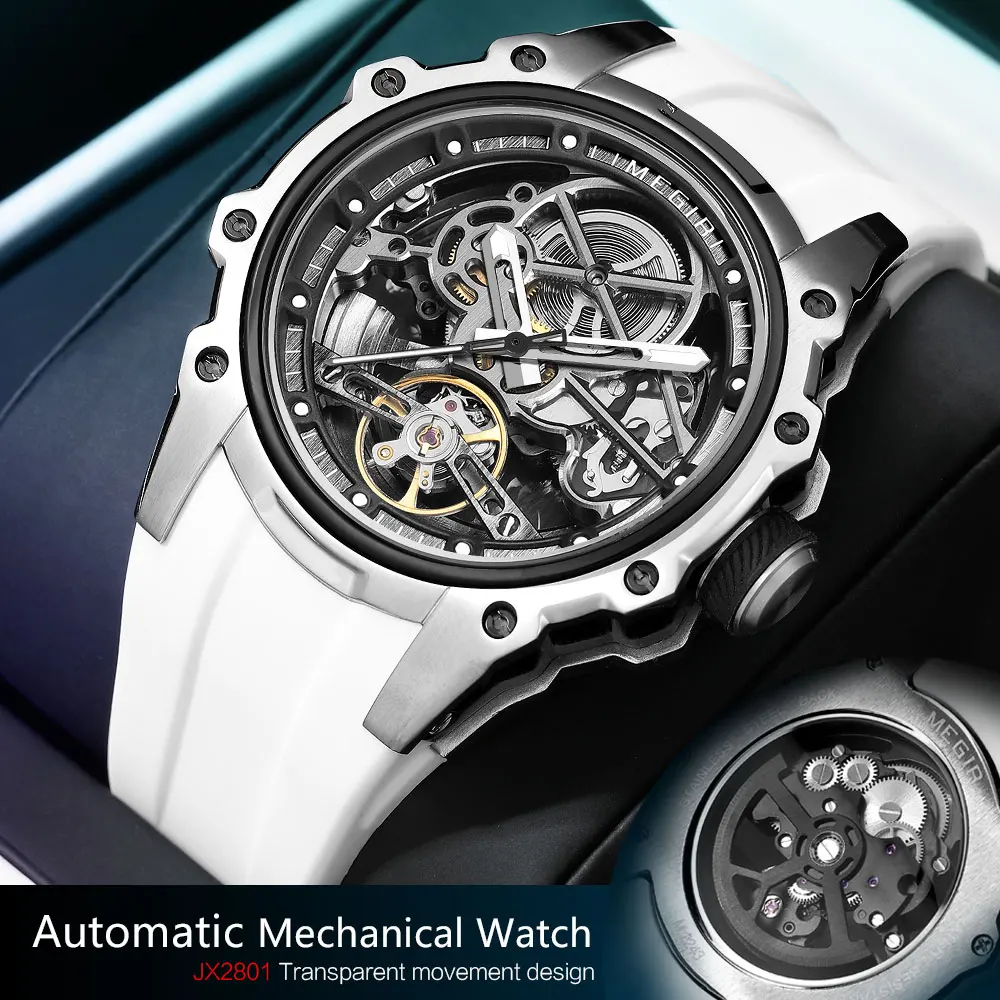 MEGIR sportowy automatyczny zegarek mechaniczny dla mężczyzn modny zegarek na rękę ze stali nierdzewnej z białym silikonowym paskiem tarcza szkieletowa