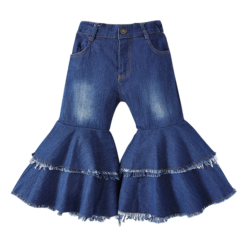 Children Fashion Cozy Girls Double Layer Fringed Elastic Waist Denim Jeans for Spring and Autumn Comfortable and Stylish Choice