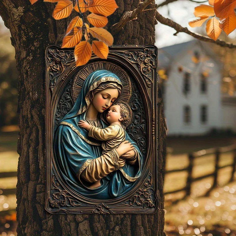 زخرفة معدنية، لوحة فنية جدارية من الألومنيوم، علامة معدنية مريم العذراء الكاثوليكية ويسوع ديكور جدار معدني من الألومنيوم لغرفة المعيشة