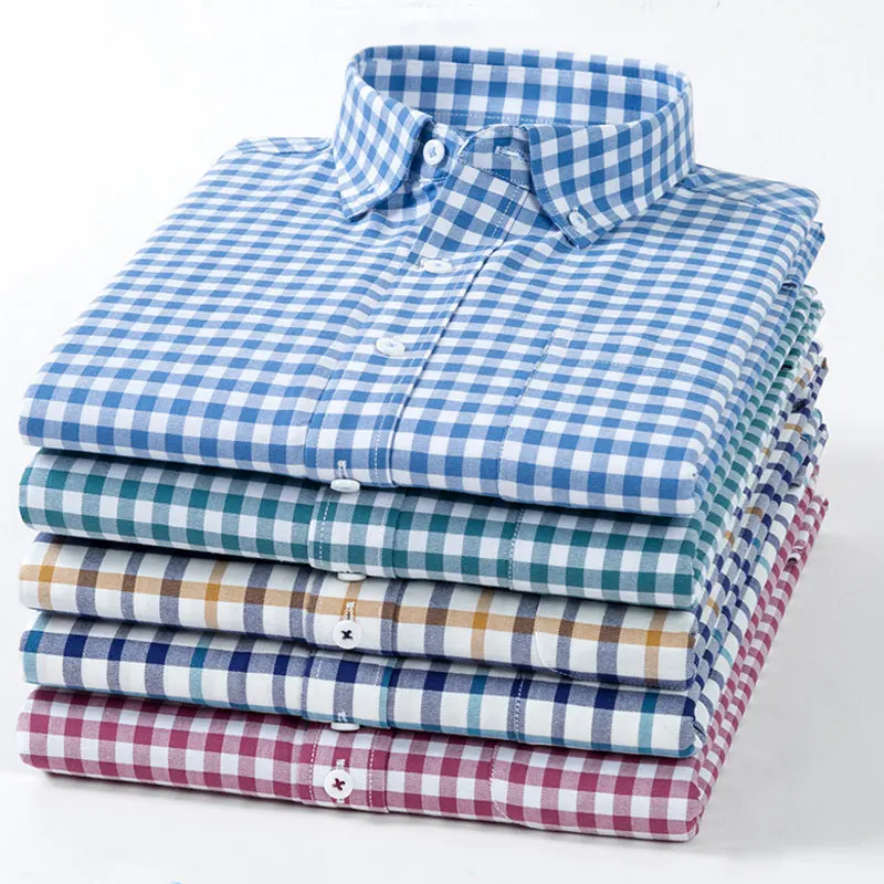 6XL 7XL large size men\'s spring and autumn 100% cotton long-sleeved shirt solid color striped plaid casual non-iron social