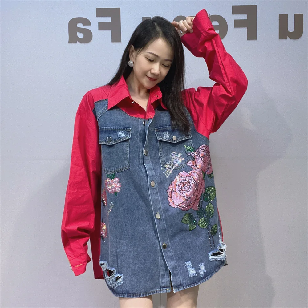 Denim Jacket for Women Autumn Loose Mid-Length Shirt Color-Block Long Sleeve Cardigan Trendy Brand Floral Rhinestone Jacket
