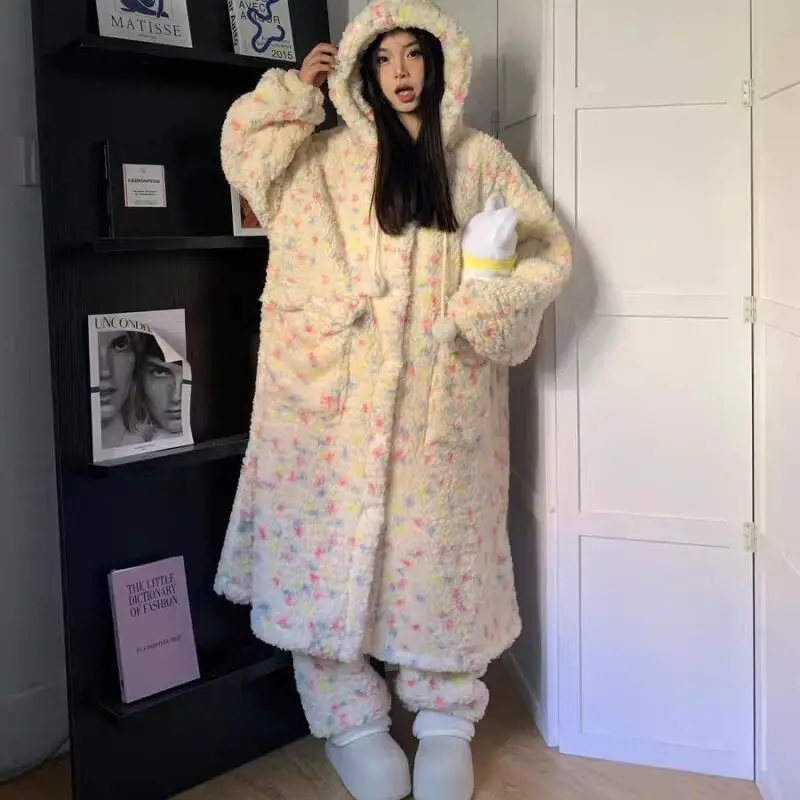 الشتاء رشاقته فتاة بيجامة مجموعة Kawaii مقنعين رداء لطيف الدفء Homewear يمكن ارتداؤها كملابس خارجية المرجان الصوف طالب ملابس خاصة #1