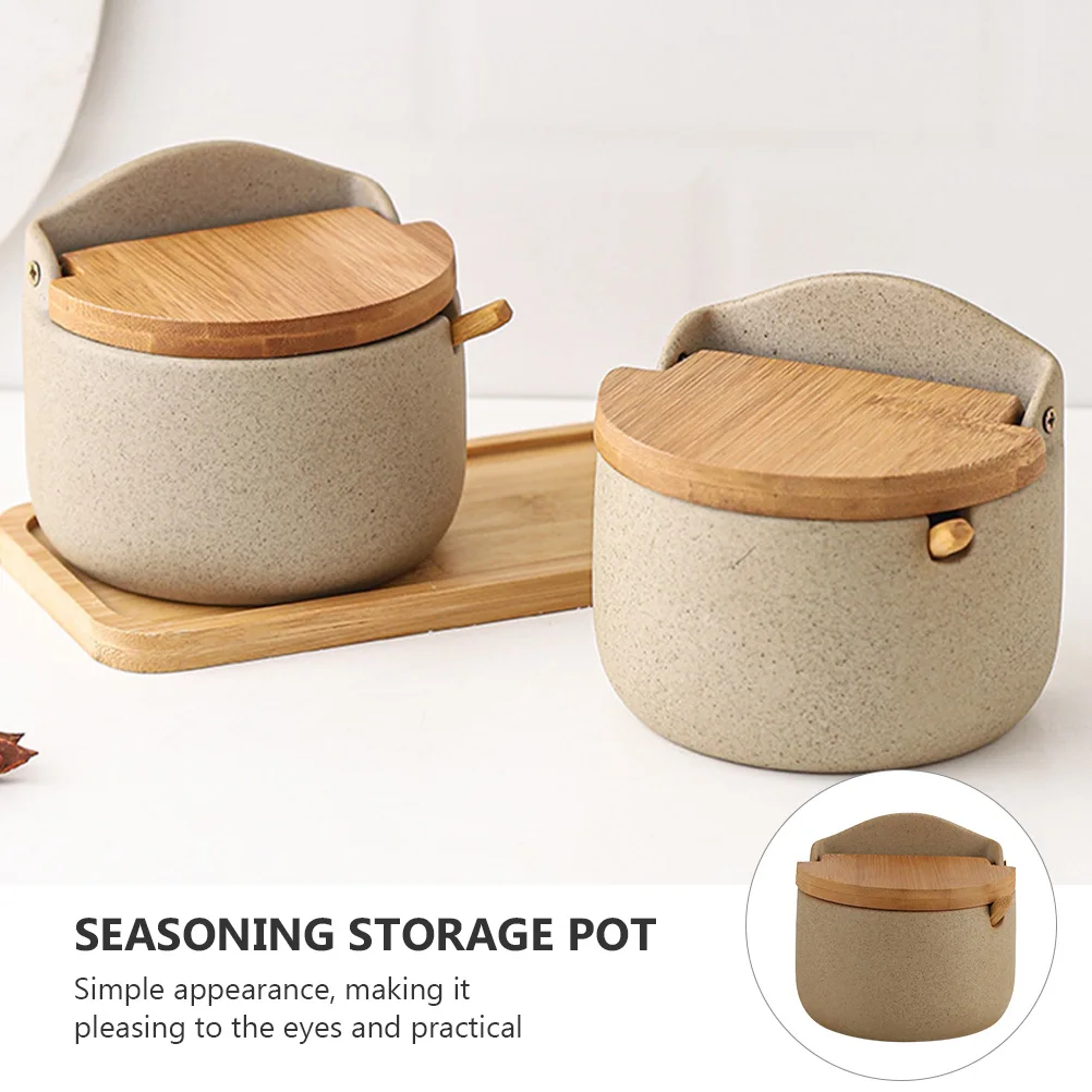

Ceramic Wood Seasoning Jar Container Spice Canister Kitchen Storage Box Design Easy Open Simple Appearance Salt Sugar