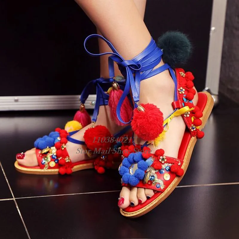 Newest Pompom Flower Embellished Strappy Lace-Up Sandals Round Toe Peep Toe Painted Wooden Heel Flat Sandals Ethnic Style Sandal