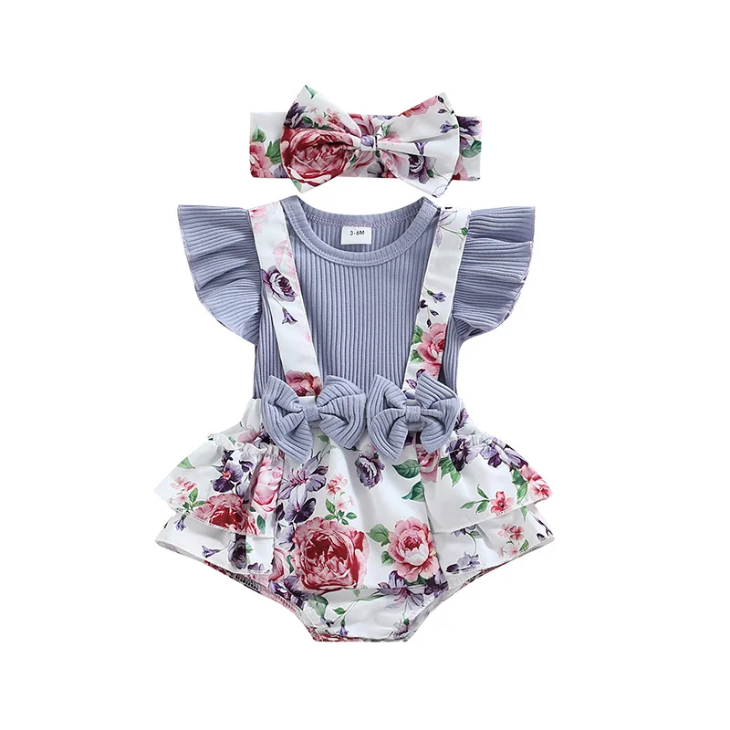 

Summer Infant Baby Girls Bodysuit Ruffle Sleeve Bowknot Floral Printed Patchwork Jumpsuit + Headband Clothes