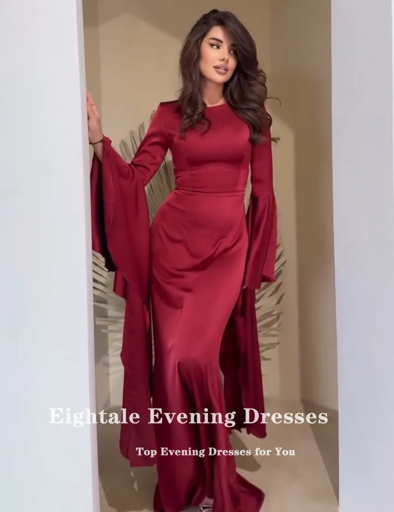 Eightale Burgundy Evening Dress Customized O-Neck Long Sleeves Arabic Mermaid Prom Wedding Party Gowns Satin