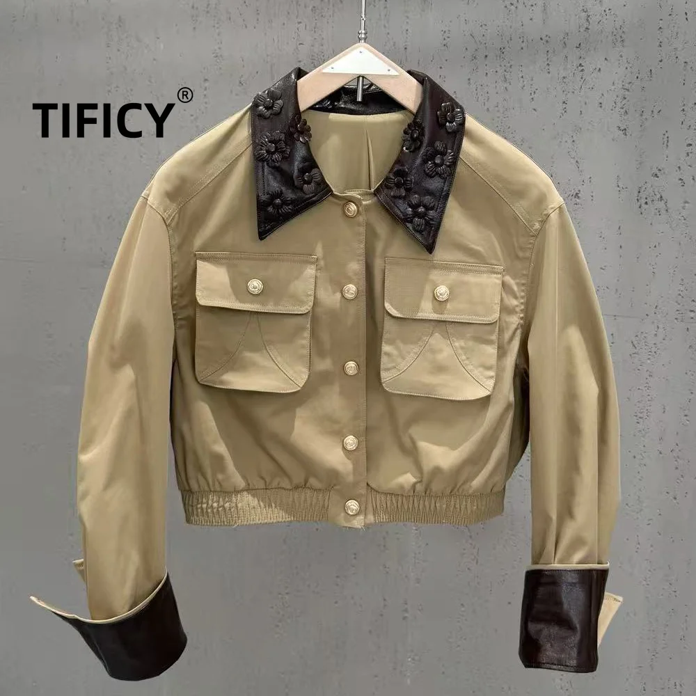 High Street Jackets Women's Autumn Retro Style 3D Flower PU Leather Collar Metal Button Elastic Waist Multi-Pocket Short Jacket