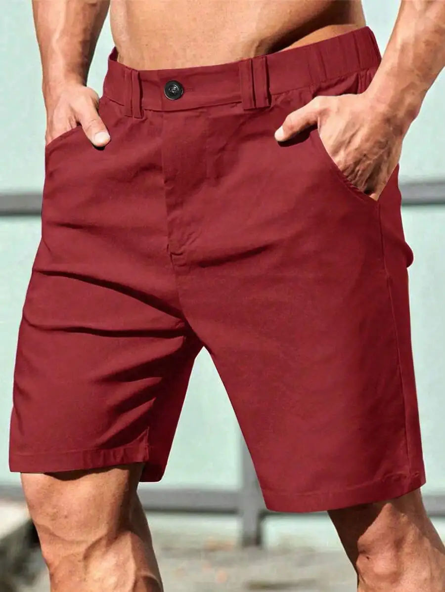 

Burgundy Solid Men’s Casual Shorts With Front Pockets And Button Waist For Summer Comfort