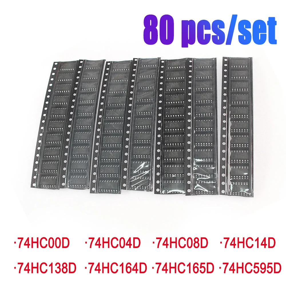 80PCS 74HC00D 74HC04D 74HC08D 74HC14D 74HC138D 74HC164D 74HC165D 74HC595D  Integrated circuit kit SOP 8 Values Logic SMD IC chip