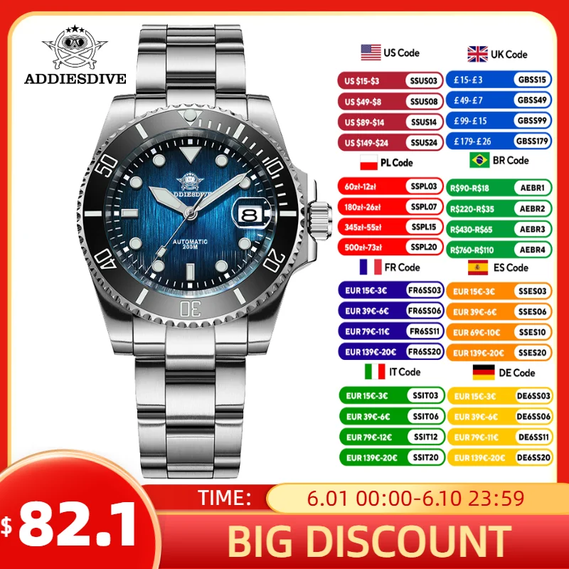 

ADDIESDIVE New Watch 41mm Luxury Sapphire 8215 Automatic Mechanical Watch Men 316L Stainless Steel Waterproof 200m Luminous