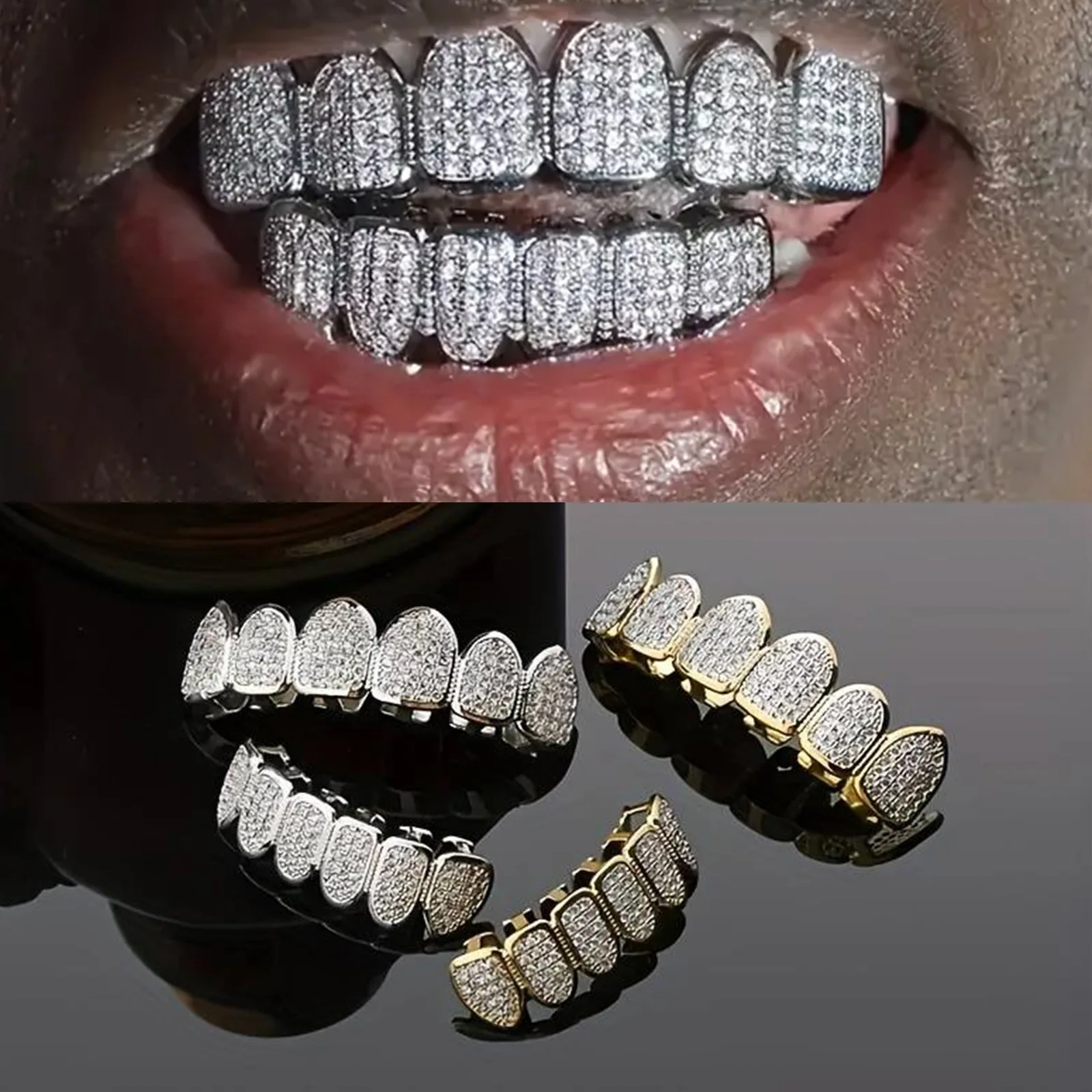 Novo quente bling iced out dentes grillz hip hop superior & inferior grills dental boca punk dentes bonés cosplay festa tg137