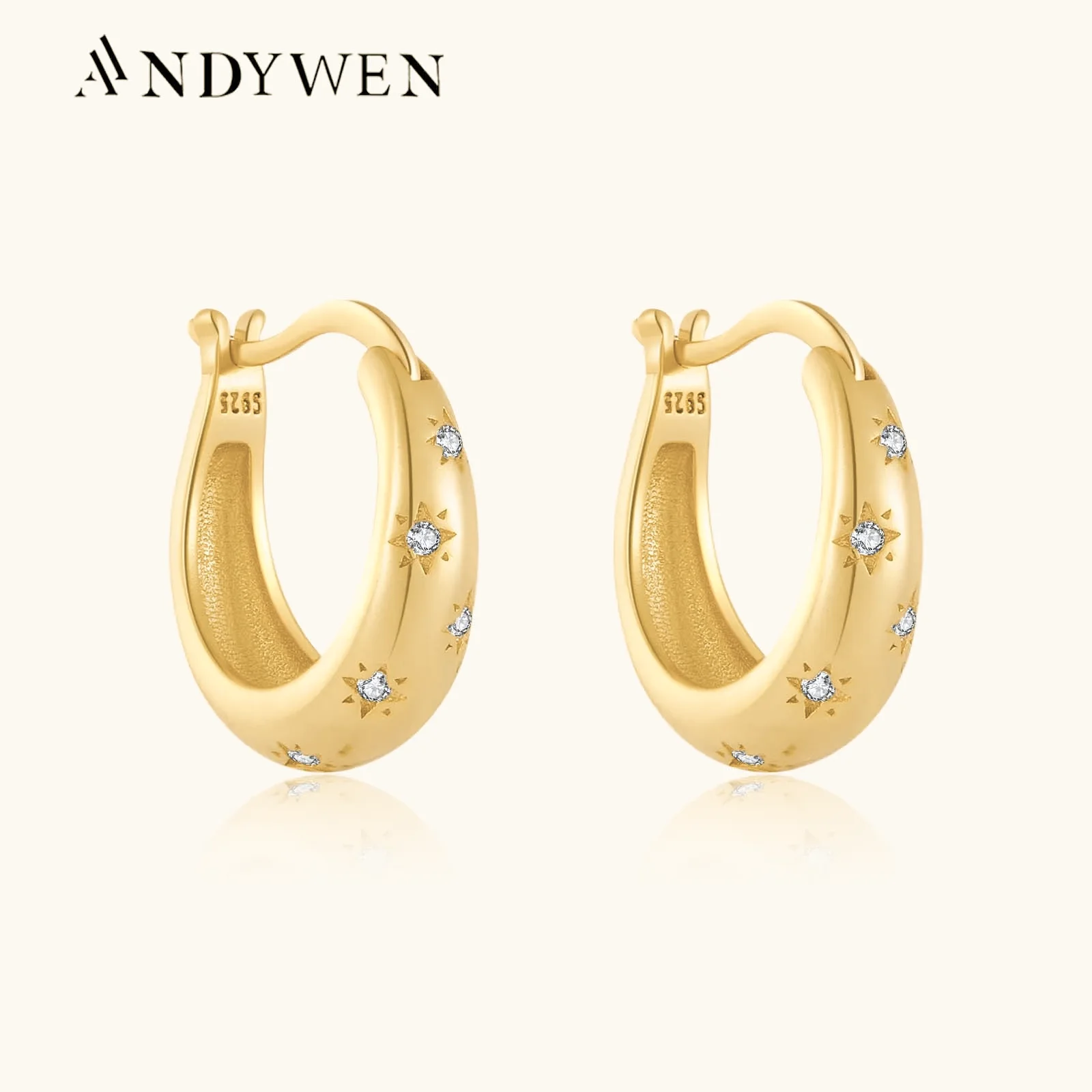 

ANDYWEN 925 Sterling Silver 10mm Star Plain Hoop Piercing Earring Clips Rock Punk Loop Circle Women Luxury Fine Jewelry