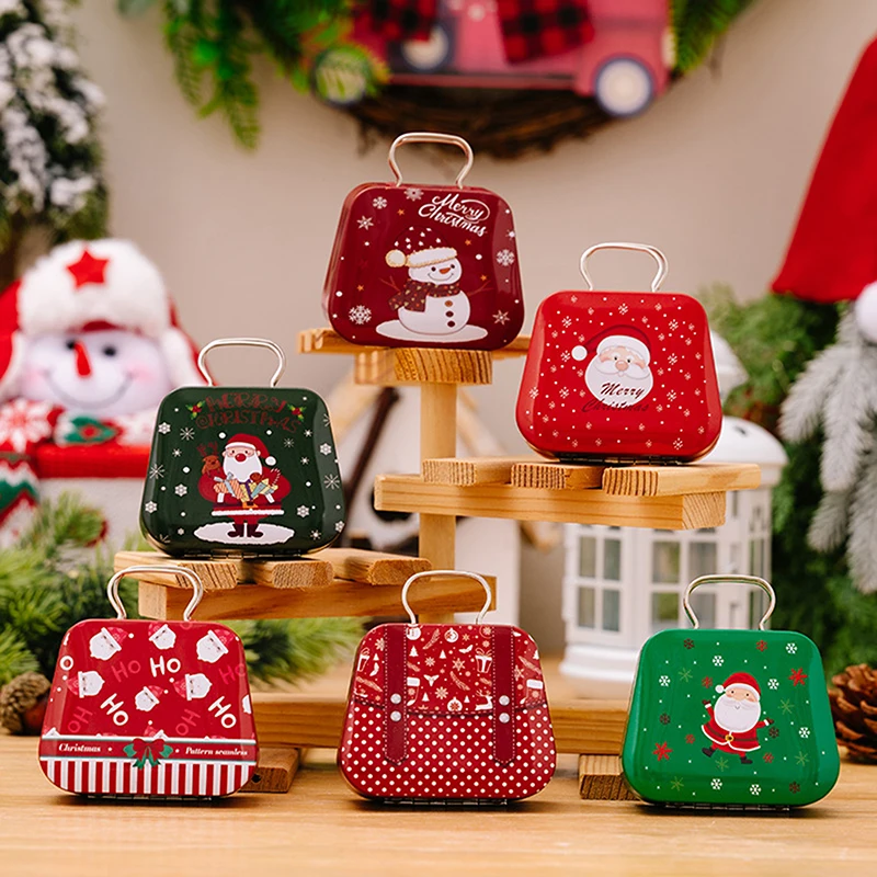 Christmas Tinplate Handbag Candy Box Gift Storage Box Biscuit Can Iron Can Home Hand Card Chocolate Packaging Storage Box