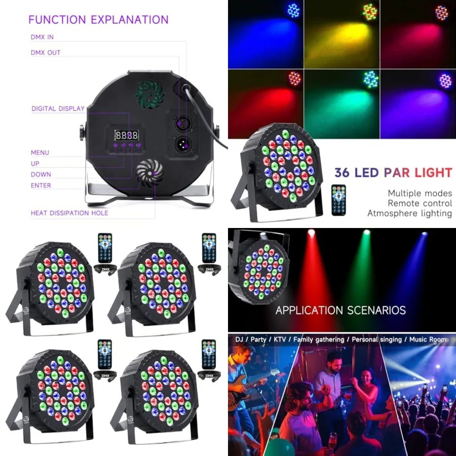 

Strobe 36 DJ LED Par Light, RGB Party Lights with Sound Activated Remote DMX Control DJ Dance Uplighting for Christmas Hallowee
