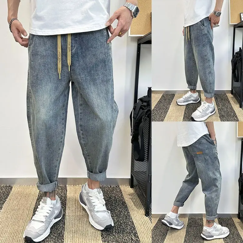 

Мужские винтажные джинсы-харлан больших размеров (до 300 фунтов), свободные, с широкими штанинами, на резинке, длина 9/10, повседневные, для подростков