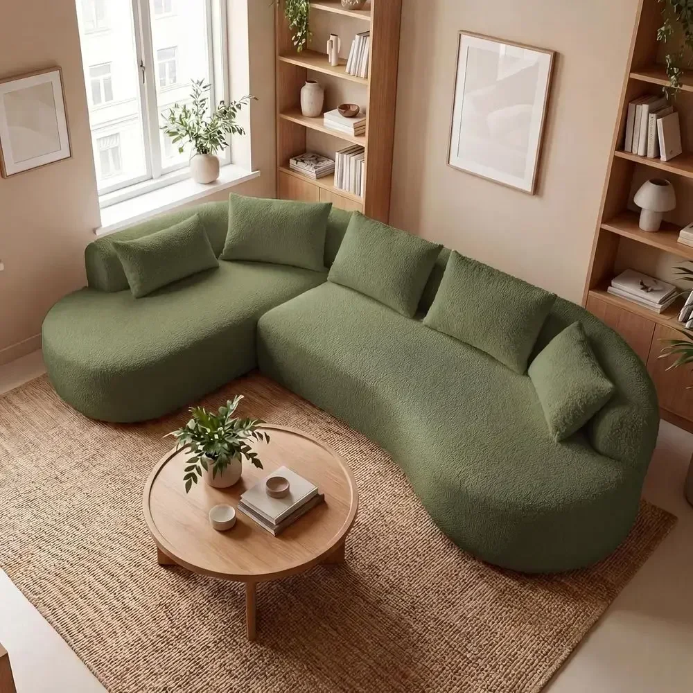 Extra Deep 4-Seater Curved Sectional Sofa with Chaise, Green, Breathable Fabric, 5 Pillows, Ready to Use