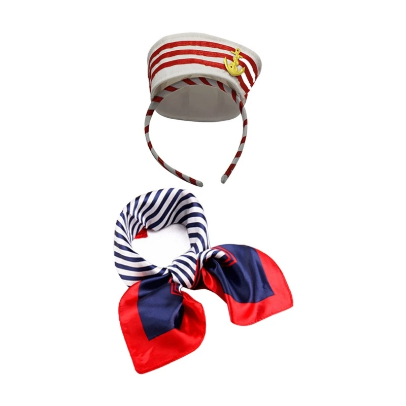 Chapeau de marin et bas et écharpe à rayures pour hommes et femmes, bande de sauna, chapeau rond bleu marine, fournitures de carnavals d'Halloween