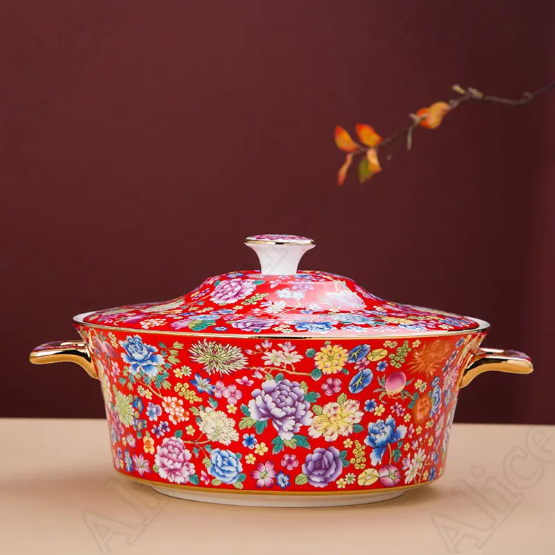 Creative Enamel Color Soup Bowls with Cover Chinese Palace Binaural Anti Scalding Large Bowl Jingdezhen Home Ceramic Tableware