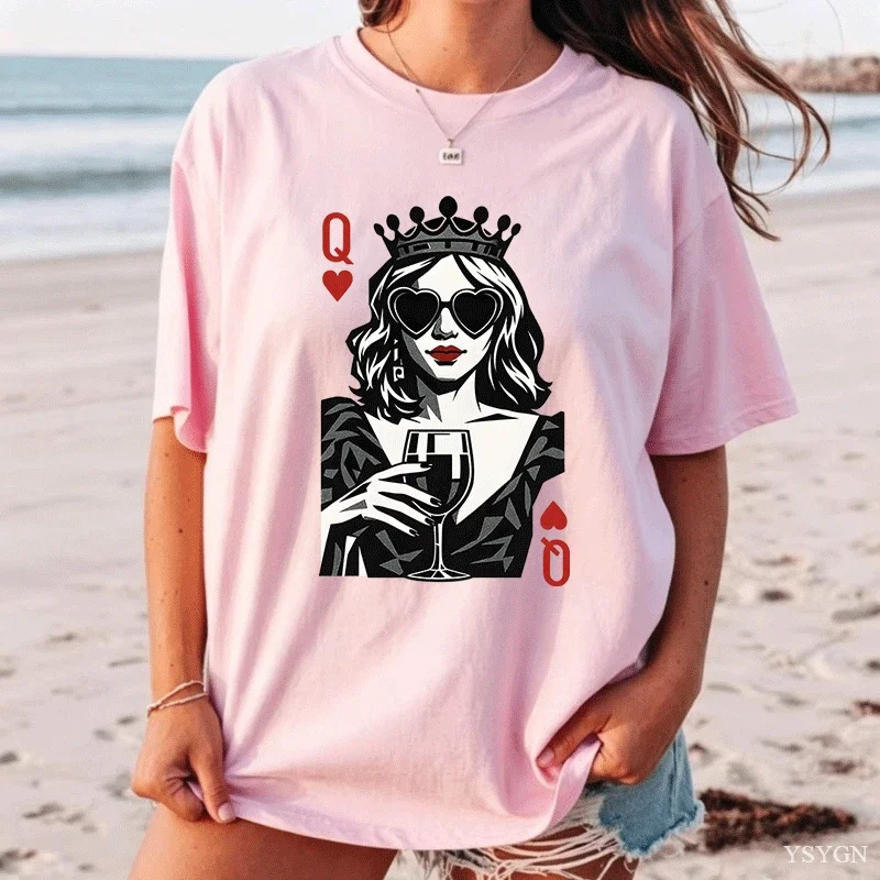 Ladies Off Short Sleeve Tee Queen of Hearts Poker Card Crown Lady Print Crew Neck Trendy Casual Loose T Shirt Summer Tops