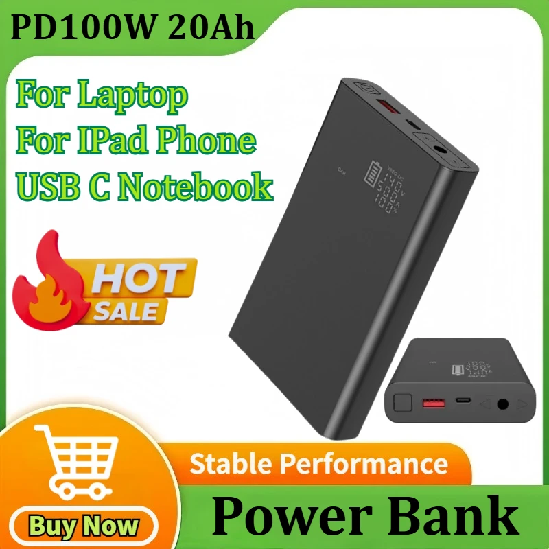 

PD100W 20000mAh External Battery Pack for Laptop IPad Phone USB C Notebook DC 12V 16.5V 19V 20V 24V Power Bank Portable Charger