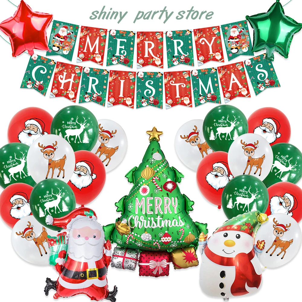 

1Set Merry Christmas Decoration Set Santa Claus Christmas Tree Aluminum Foil Balloon Cartoon Pattern Printed Latex Balloons Flag