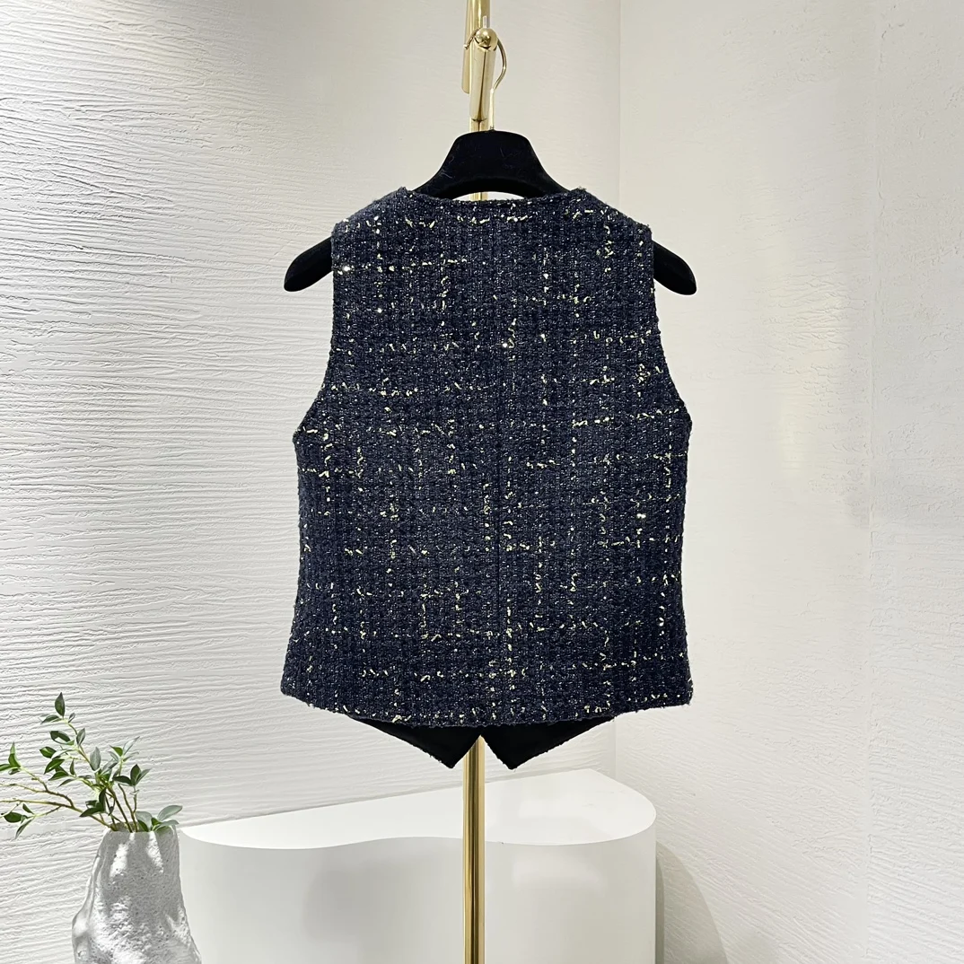 2024 New Autumn Winter Basic Navy Blue Plaid Sleeveless Tweed Metal Buttons Women Vest