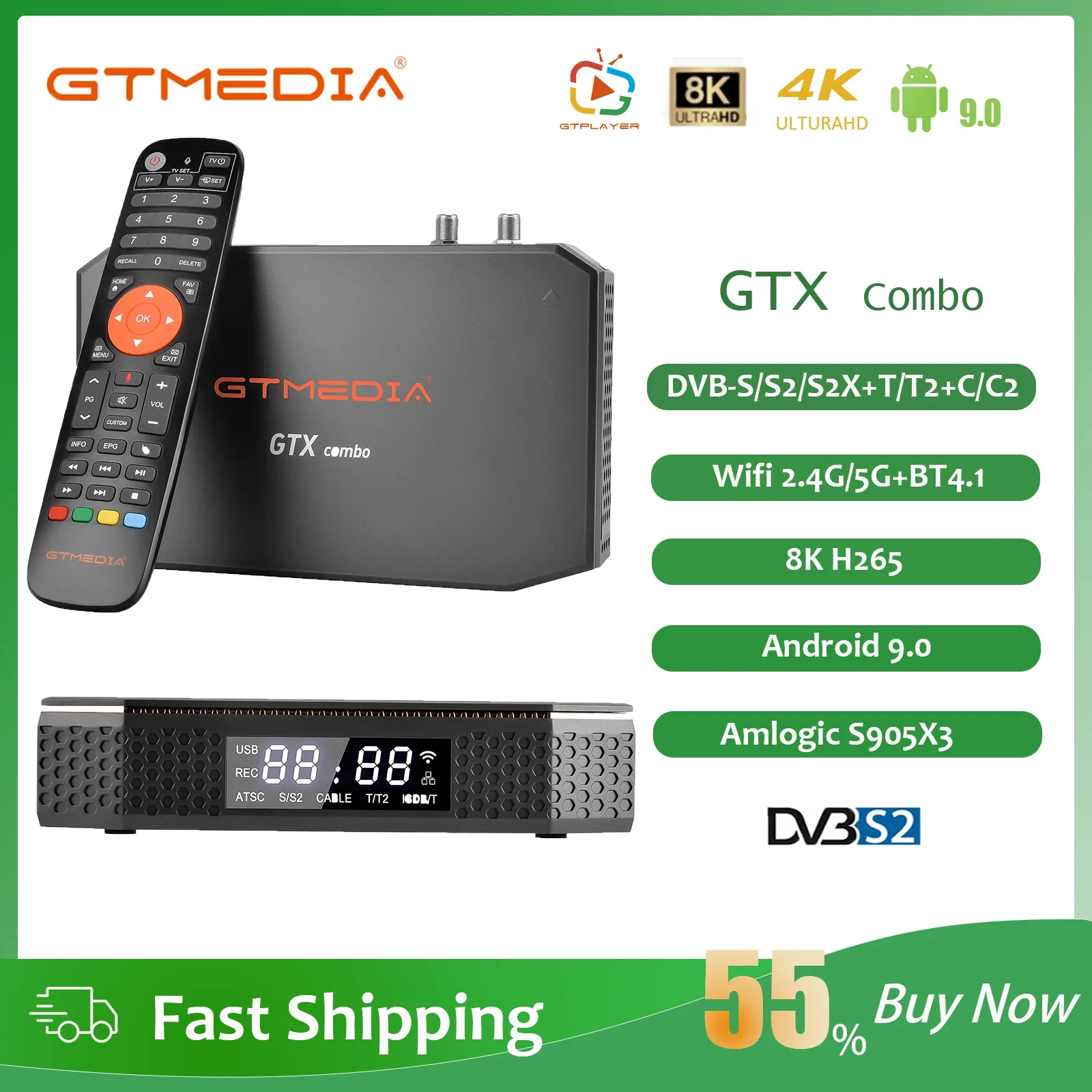 Receptor de satélite GTMEDIA GTX COMBO 4K 8K UHD Android 9,0, DVB-S2/T2/C 2G + 32G, compatible con ranura para tarjetas CA m3u cam Bluetooth 4,1 5GWIFI