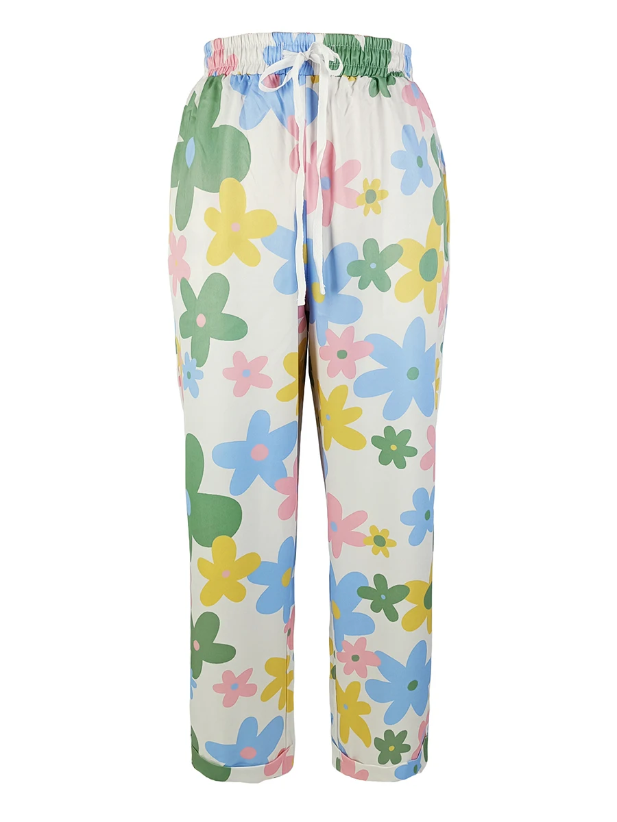 Damen-Hose mit buntem Blumenmuster, weites Bein, hohe Taille, lockere, lässige Hose mit Kordelzug, Boho-Sommer-Strandmode-Hose – Detail 3