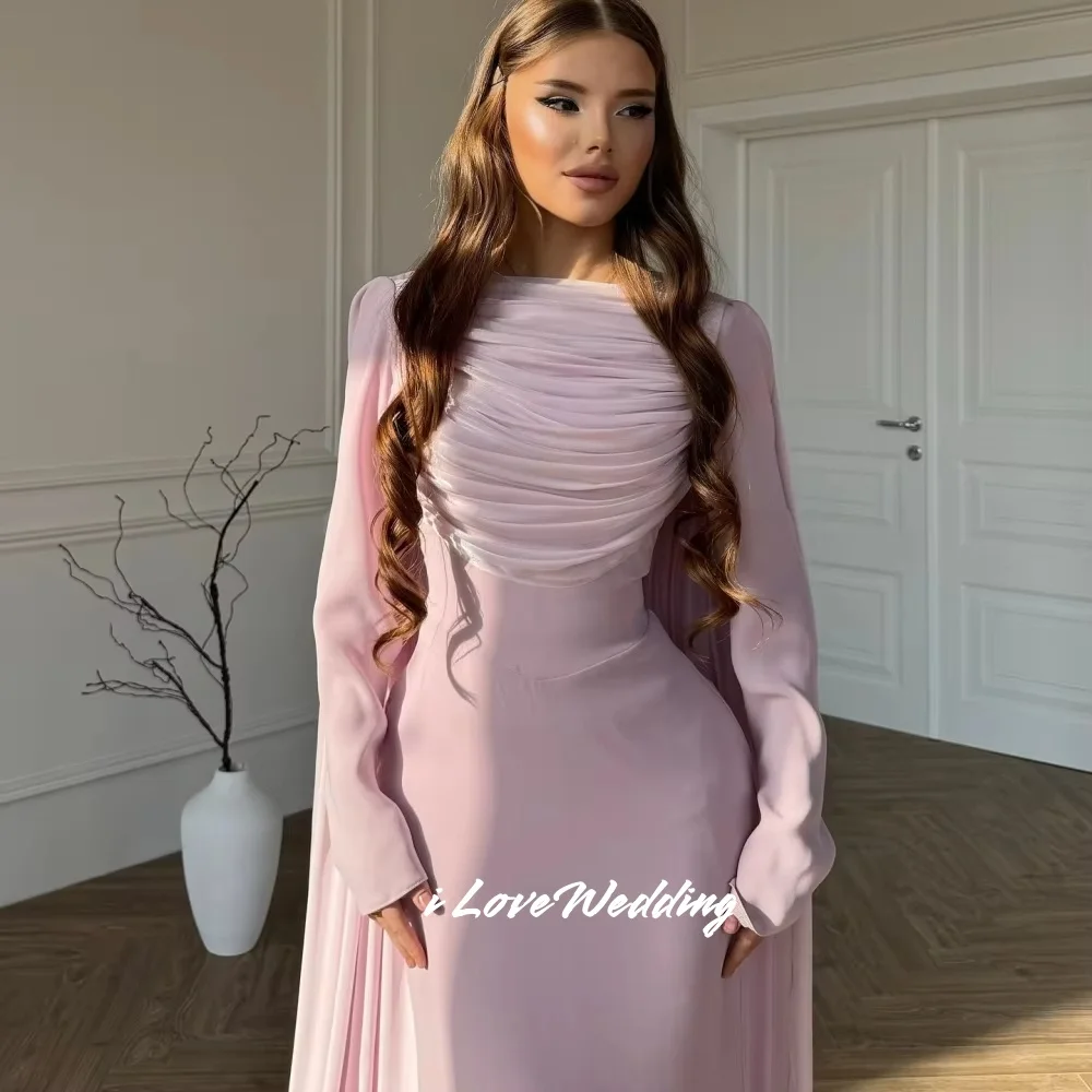 

Pink Shawl Prom Dresses 2025 Long Sleeve A-Line Pleated Floor-Length Elegant Evening Dresses Wedding Party Dresses Customized