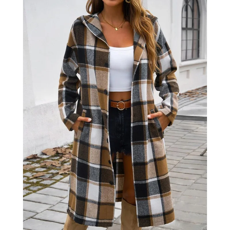 New Plaid Hooded Long-Sleeved Woolen Coat