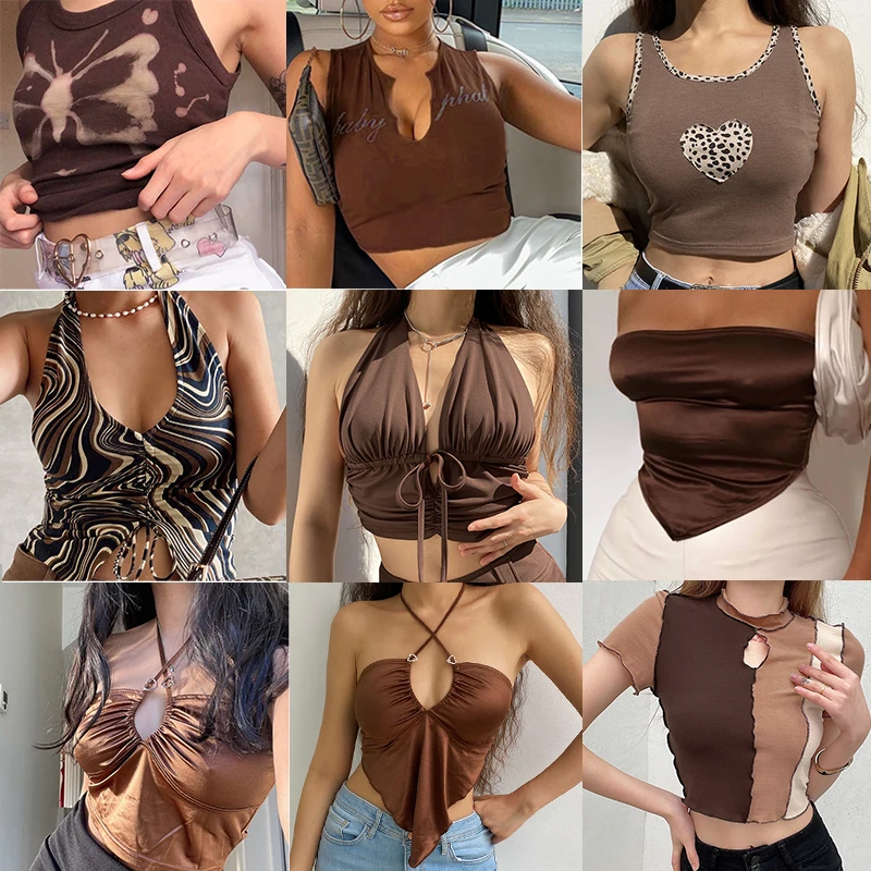 2023 Women's Summer Crop Tops Sexy Hollow Tank Tops Brown Bras Seamless Underwear Slim Sleeveless Tube Tops Y2K Club Party Camis