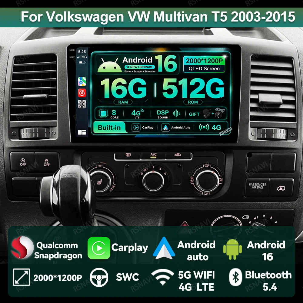 Autoradio Android 16 für Volkswagen VW Multivan T5 2003-2015 BT 5G WIFI Wireless Carplay Auto GPS Head Unit Qualcomm Autoradio