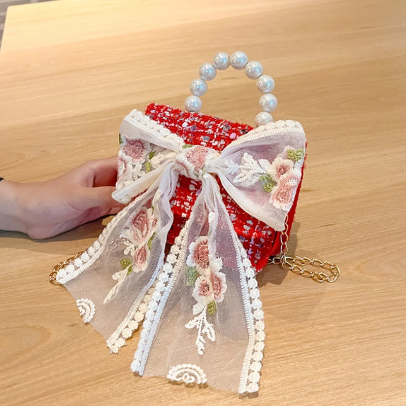 Lace Embroidery Flower Baby Girls Shoulder Bags Lovely Floral Children's Crossbody Bag Sweet Princess Pearl Handle Handbags