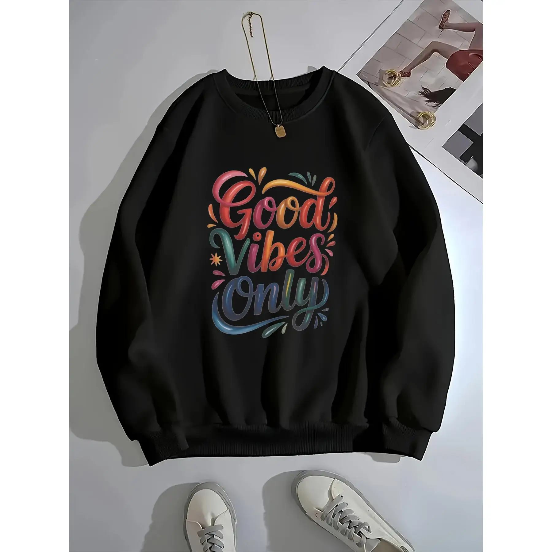 

Good Vibes Only Sweatshirt, Women's Positive Aesthetic Graphic Crewneck, Oversized Inspirational Casual Pullover