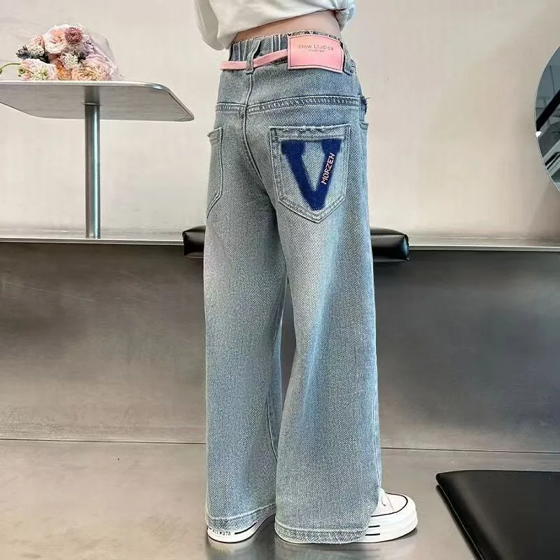 UNITIM Herbst Kinder-Jeans mit Liebes-Stickerei, Gerade Hosen für Junge Mädchen, Lose Elastische Taille, Denim-Hosen für Junge Teenager-Mädchen – Detail 8