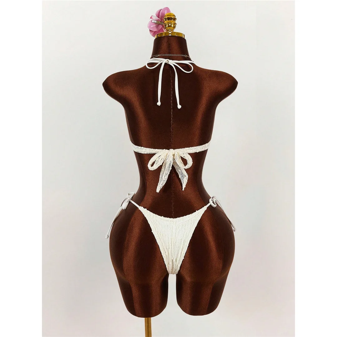Mit langen Ärmeln, als Überwurf, Neckholder-Bikini, Damen-Badeanzug, dreiteiliges Bikini-Set, Badebekleidung, Badeanzug, Modell V8397. – Detail 8