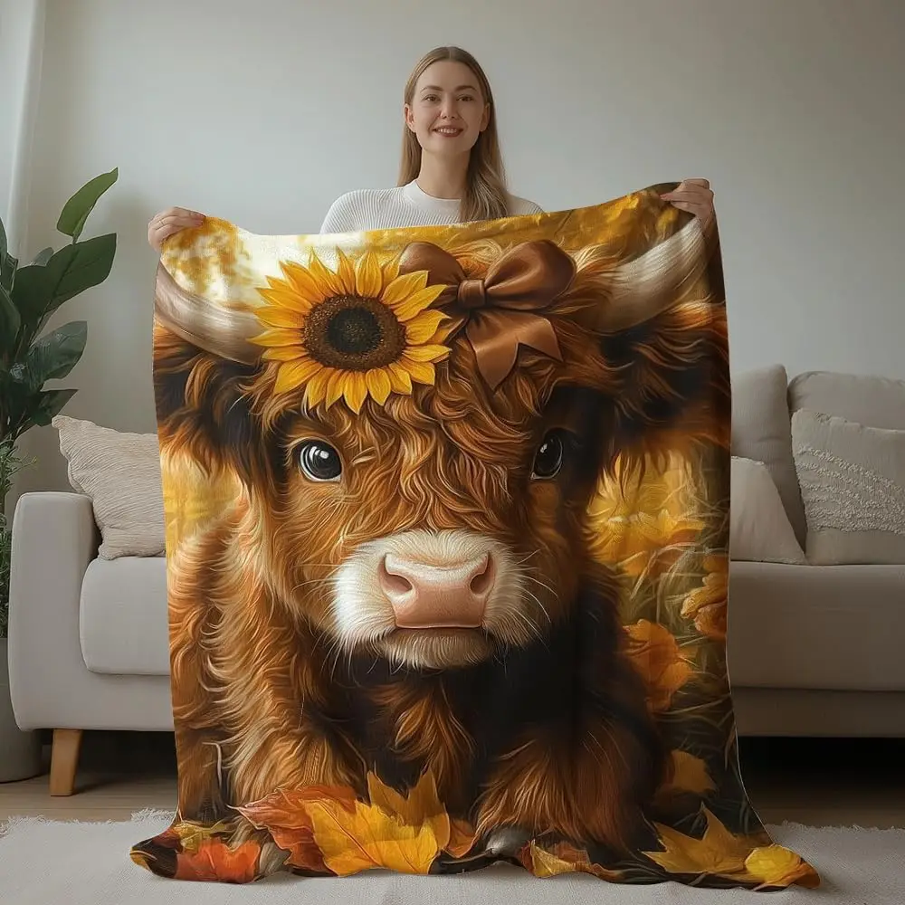 Highland Cow Blanket, Western Farmhouse Flannel Throw Blanket, Cute Farm Animal Scottish Cow Soft Warm Blanket for Adults Couch Sofa Bed Bedroom Rustic Home Decor Gift