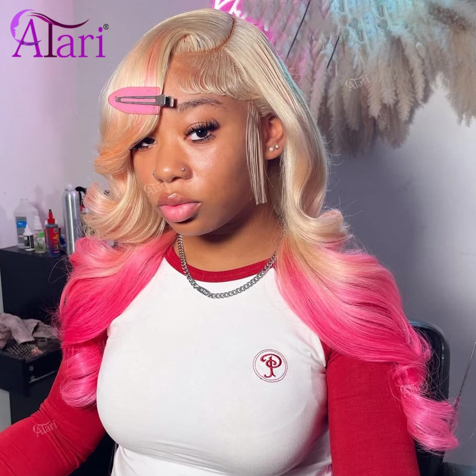 Ombre Pink 613 Colored Body Wave Human Hair Wigs 13X4 13X6 Transparent Lace Frontal Remy Wig 180 Density Pre Pluck for Women