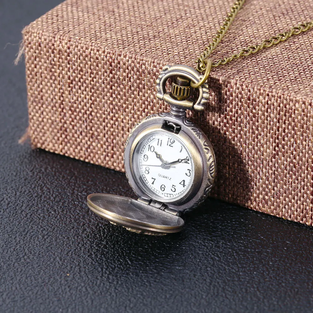 Small Cute Bronze Quartz Pocket Watch for Men Women Sail Navigation Laser Engraved Case Fob Chain Pendant Necklace Clock Gifts