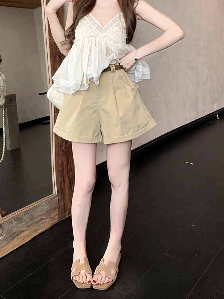 

Sweet Korean Style High Waist Cuffed Wide Leg Pants Women's Casual Minimalist A-Line Short Trousers Summer 2026 New Arrival