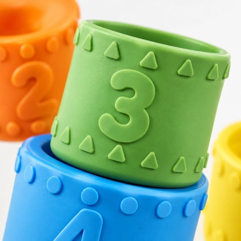 Bath Cup Toy Set with 5 Numbered, Textured Pieces for Stacking, Scooping, Pouring, Cascading Water Activities, and Compact 15UB