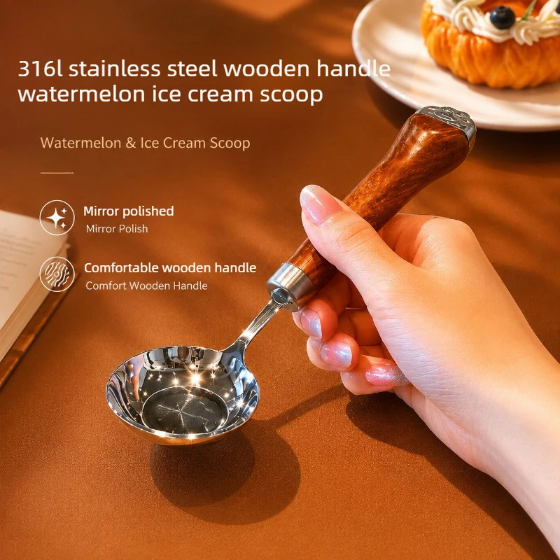 316L Stainless Steel Ice Cream Scoop with Wooden Handle, Household Fruit Baller for Watermelon and Ice Cream, Melon Digging Tool