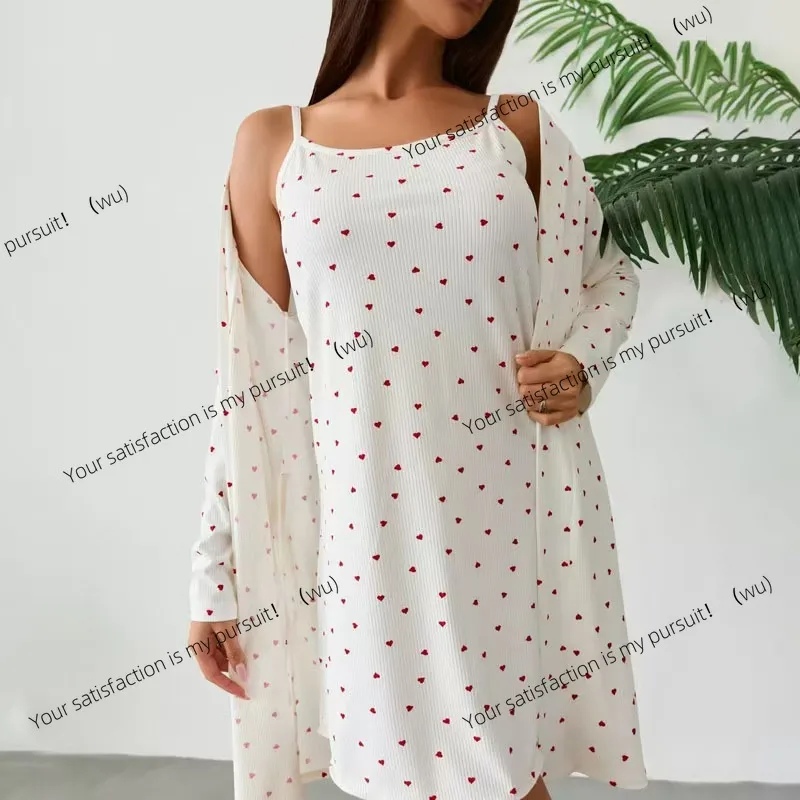 

European and American autumn nightgown two-piece set, casual printing sleeveless love printing fashion suspender