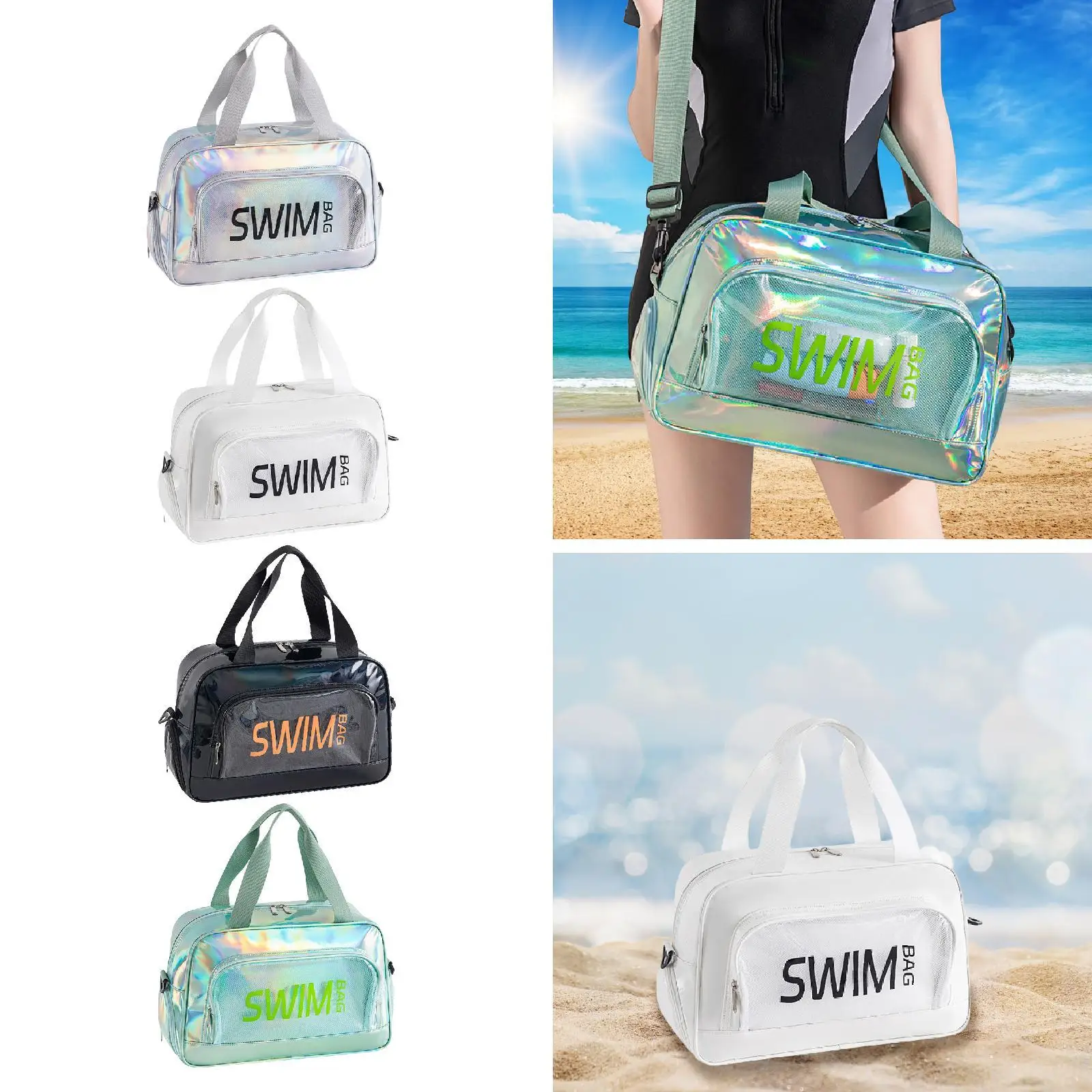 Swim Tote Beach Bag Mirror Leather Wet Dry Separation Stylish Travel Pool Bag with Shoe Compartment for Women Outings